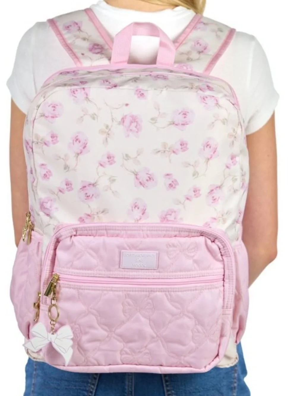 LoveShackFancy Pastel Pink Quilted Backpack with Floral Stationery Set